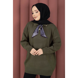 Pull en tricot à col polo de style vintage kaki avec décoration boutonnée décontractée pour la saison hivernale - Product Image 2