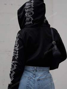 Sudadera con capucha negra recortada con diamantes de imitación y cremallera, Diseño de manga con letras personalizadas, ropa de calle de gran tamaño, chaqueta con logotipo personalizado de algodón con cremallera completa - Product Image 4
