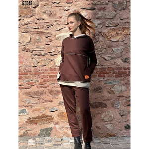 Ensemble deux pièces à capuche pour femme, couleur café, avec détail de liseré, emblème et effet de surpiqûre inversée, 38262 - Café - Product Image 2