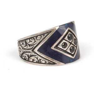Men's 925 Sterling Silver Geometric Pattern <b>Ring</b> with <b>Black</b> Enamel Natural Round Stones Bezel Setting Inlay Gift - Product Image 3