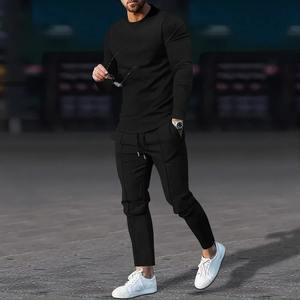 Nuevos conjuntos informales ajustados de dos piezas para hombre, trajes de Color sólido, camiseta y pantalones de manga larga con cuello redondo para otoño, Chándales, trajes para hombre - Product Image 2