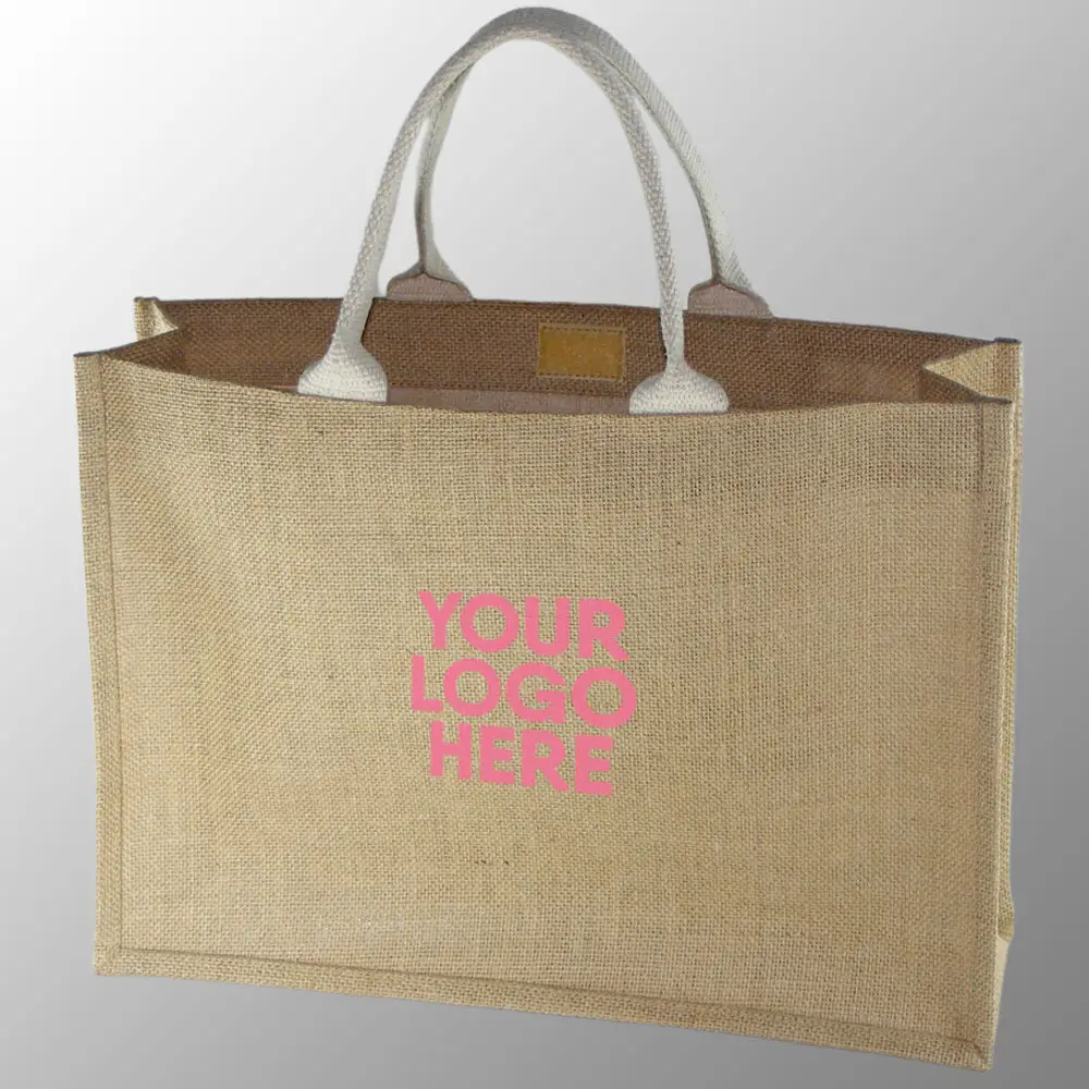 Sac en jute réutilisable imprimé personnalisé longue durée shopping promotion jute sac en toile de jute avec poignées en toile de coton