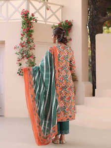 Kurta en coton imprimé motifs ethniques verts avec pantalon uni et col rond en coton imprimé Dupatta avec broderie - Product Image 4