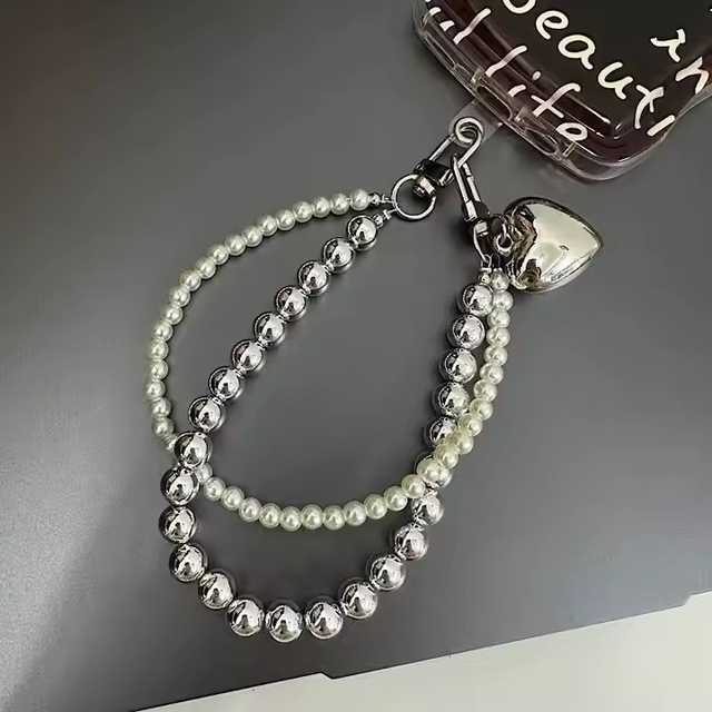Y2K Love Heart Sliver Pearl Bead Phone Charm Anti-Lost Lanyard Accessories Camera Bag Pendant Hanging Phone Chain Strap Keychain