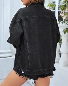 Women's Retro Washed Denim Jacket Long Sleeve Lapel Button Embroidered Distressed <b>Jean</b> Jacket Featuring Pockets Winter Clothing - Product Image 4