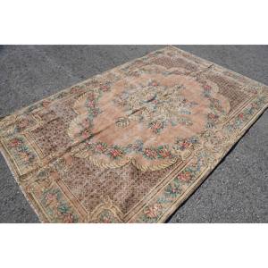 Alfombra clásica de lana turca Vintage Beige 5,8X8,9 pies, diseño de retales de tejido plano bohemio para sala de estar, pasillo, respaldo de látex, yute - Product Image 2