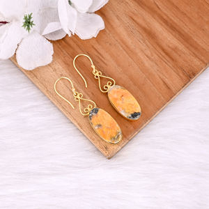 Boucles d'oreilles bohèmes en laiton avec jaspe abeille, bijoux ethniques faits à la main, plaqué or de haute qualité, commande en gros - Product Image 3