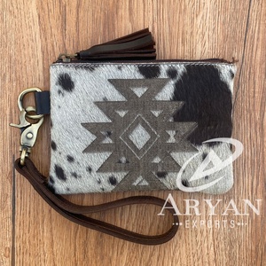 Black Friday Sale 2024 pelo Real en piel de vaca grabado con láser borla cremallera bolsa de cuero genuino para mujer ATM monederos - Product Image 1