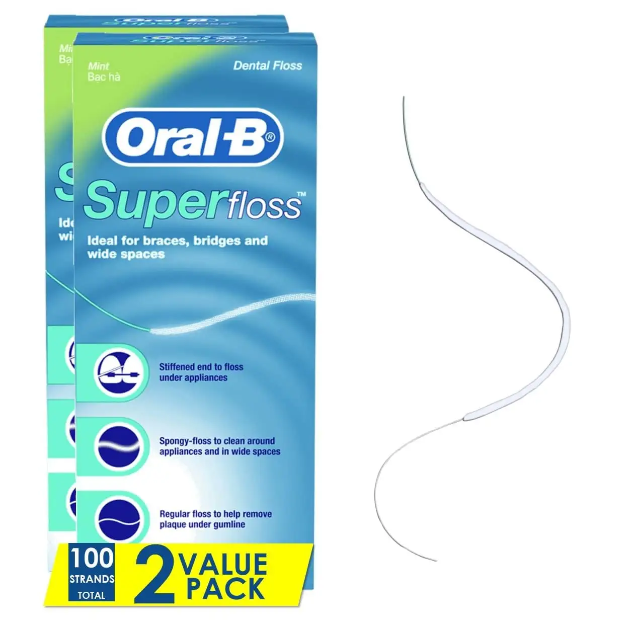 Diş telleri için oral-b diş ipi, süper ipi önceden kesilmiş iplikçikler, nane, 50 sayım, 2 paket