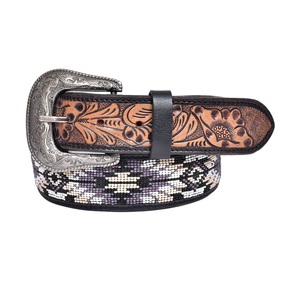 Ceintures en cuir usinées à fleurs unisexes de qualité supérieure noir blanc Design géométrique ceinture perlée boucle fantaisie cheval personnalisé - Product Image 1