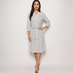 Robe chemise midi rayée en coton tissé à la main, col en V, respirante, décontractée, tendance, courte, modeste, coupe ample, pour femme, taille XS - Product Image 1