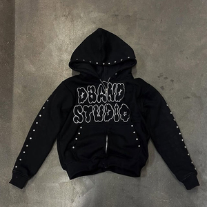 Conjunto de pantalones de chándal y Sudadera con capucha acampanados con diamantes de imitación OEM Fabricante personalizado Pantalones apilados holgados de cintura doble Sudadera con cremallera - Product Image 3