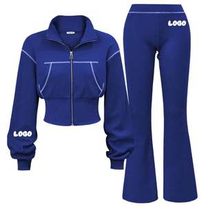 เสื้อวอร์มสองชิ้นสำหรับผู้หญิงเสื้อแจ็กเก็ตมีซิปปกถักวาฟเฟิลพร้อมกางเกงบานชุดออกกำลังกายลำลอง - Product Image 1