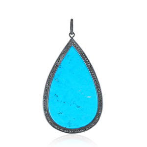 Juego de puntas de Gema turquesa, Baguette, Diamante de diseño en forma de pera, colgante de plata 925 oxidado - Product Image 2