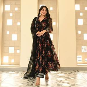 Enorme estilo completamente Stitch Fancy Floral Work V Neck Lace Border Work ANARKALI Dress con juego Dupatta Set - Product Image 4