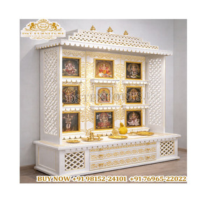Templo de Puja de Madera Blanca Dorada de Tamaño Personalizable para Pooja Ghar, con Trabajo Jali, Mandir de Puja Tradicional Tallado a Mano en Madera de Teca para el Hogar - Product Image 1