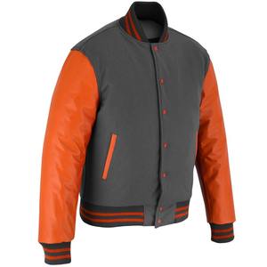 Veste universitaire en laine grise pour homme avec manches en cuir orange, boutonnée sur le devant, style bomber décontracté, coupe ajustée, confortable et chaude - Product Image 4