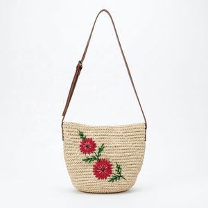 Handwoven <b>raffia</b> Shoulder <b>Bag</b> Floral Embroidered Zipper Purse Bohemian Ladies Tote for All Seasons - Product Image 2