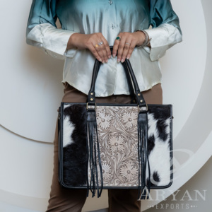 กระเป๋าโท้ทหนังวัวสำหรับผู้หญิง, กระเป๋าหนังแท้มีพู่สำหรับใส่ผมแบบตะวันตก - Product Image 1