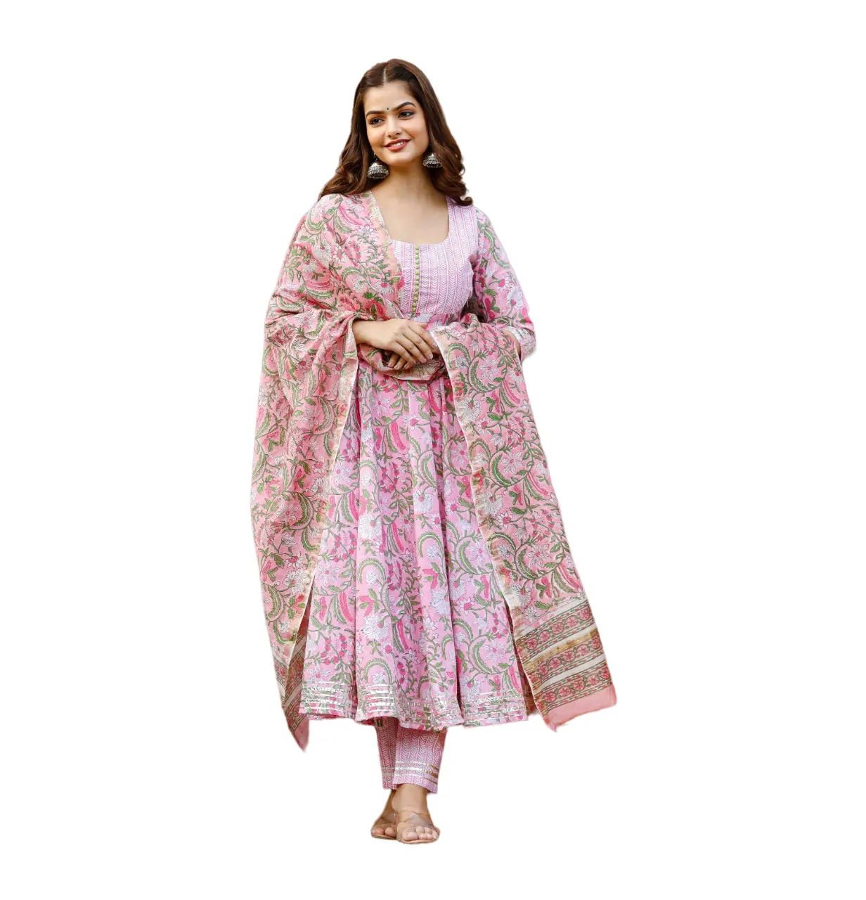 Nuevo diseñador Party Wear Pink Block Printed Flared Kurta emparejado con Chanderi Printed Dupatta Set Kurti Pant Set Ropa étnica