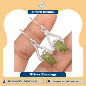 Natural Moldavite Rough Gemstone 925 <b>Sterling</b> <b>Silver</b> <b>Drop</b> <b>Earrings</b> AAA Grade Green Wedding & Party Occasion - Product Image 4