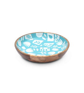 Tazón de madera de esmalte azul y blanco rústico de Acacia para servir frutas, aperitivos o postres - Product Image 1