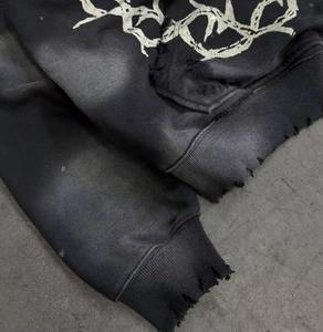 Sudadera con capucha de lavado ácido de gran tamaño para hombre con parches bordados diseño personalizado de diamantes de imitación estilo hombro caído 100% algodón para primavera - Product Image 4