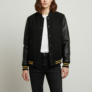 Chaqueta Universitaria Negra de Nuevo Diseño con Mangas de Cuero Negro, Chaquetas Universitarias para Mujer con Logotipo Bordado Personalizado a la Moda - Product Image 3