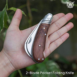 Couteau pliant à double lame de style dernier cri, acier Damas, manche en os de chameau, logo OEM personnalisé, haute qualité, pour la chasse en plein air, porte-clés - Product Image 5