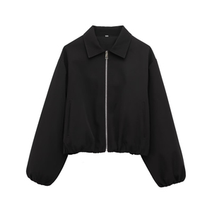 Chaqueta de moda informal de gran oferta con cuello vuelto y cremallera de color negro para mujer con bolsillo - Product Image 1