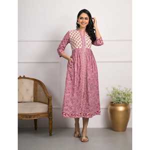 Vestido largo de algodón rosa con estampado de bloques para mujer, estilo A-line, transpirable, casual, elegante, hippie, talla única, largo hasta el suelo, para discoteca de día. - Product Image 3