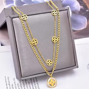 Fashion Double Layer Hollow Flower Thick Chain Round Shell Pendant Titanium Steel Necklace Fashion Double Layer Hollow Flower Th