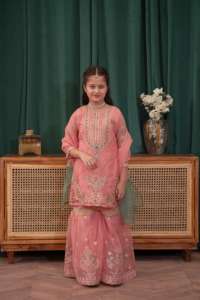 Robe fantaisie readymade pour enfants (filles) de haute qualité Robe en organza readymade de qualité d'exportation Robe pakistanaise respirante pour enfants - Product Image 6