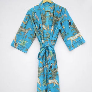 Bata de baño estampada con bloque de mano Floral bohemio para mujer 100% algodón Maxi vestido estilo Kimono libre térmico verano ropa de playa tejida - Product Image 1