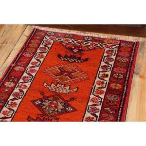 Turkish 2.6x11.7 ft Rug, Herki Vintage Rug, <b>Red</b> Camouflage <b>Wool</b> Rug - Product Image 5