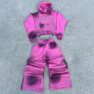 Low MOQ Streetwear Rhinestone bordado Sun Faded chándales Alta Calidad Algodón polar transpirable chándal conjuntos - Product Image 1