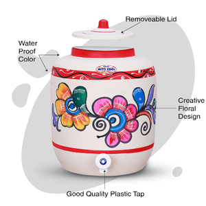 Enfriador de agua de terracota pintado a mano con diseño floral colorido grifo de plástico dispensador de agua de arcilla artística con tapa extraíble - Product Image 1