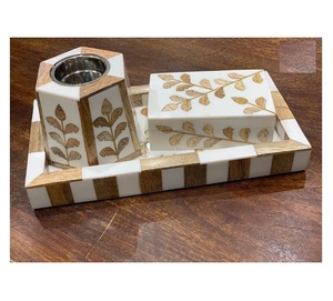 Ensemble de 3 plateaux de service en bois d'acacia avec incrustation de nacre brune certifiée EPCH, qualité artisanale en gros, avec pot en acrylique - Product Image 6