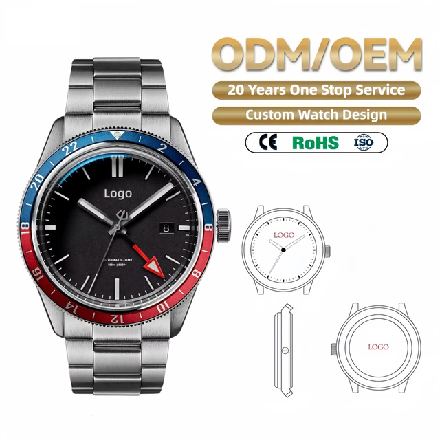 OEM Logo Luxury 150M Water Resistance Mechanical Automatic NH34 GMT Wristwatch Full Custom Classic Men stainless steel Watch