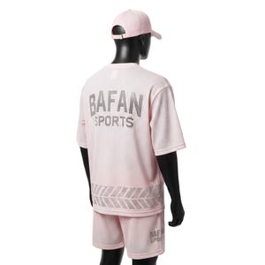 <b>Men</b> Athletic Polyester Mesh <b>Short</b> Set 180 GSM Breathable <b>Pink</b> Gym Wear Reflective Heat Transfer Logo for <b>men's</b> set - Product Image 5