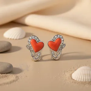 Pendientes de Corazón Plateados Ornamentados con Esmalte Naranja y Cristales de Circonita - Product Image 1