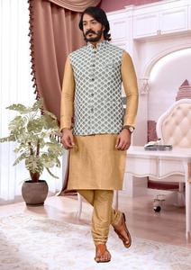 Superbe qualité indienne hommes ethnique mode droite soie Kurta pyjama veste Maruti mode mariage fête porter produit d'exportation - Product Image 2