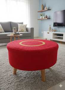 Otomana Decorativa Moderna de Algodón Rojo, Trenzada a Mano, Móvil, Redonda, de 2 Piezas - Product Image 4