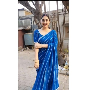 Vêtements de soirée de créateur Georgette avec séquence Crochet dentelle travail couleur bleue Saree pour femmes qualité d'exportation grossiste de Surat - Product Image 1