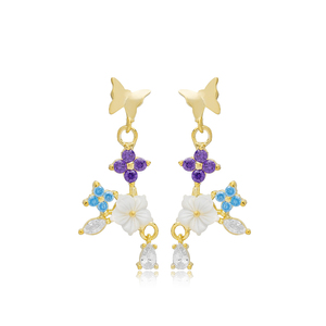 Pendientes Largos con Diseño de Mariposas y Flores de Verano Coloridas, Joyería de Plata de Ley 925 al por Mayor - Product Image 1