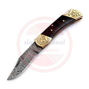 Couteau de poche pliant en acier damas en gros | Couteau de chasse pliant professionnel avec manche en bois à vendre - Product Image 5