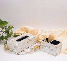 Caja de pañuelos cuadrada con tapa de nácar, de lujo, con incrustaciones de nácar, soporte decorativo para pañuelos de mesa. - Product Image 5