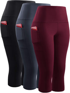 Capris de yoga taille haute unis avec poches, extensibles dans quatre directions, en Spandex et Polyester, longueur genou, pour femme - Product Image 4