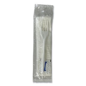 Ensemble d'ustensiles jetables en plastique personnalisable 3 pièces (fourchette, serviette, sachet de sel) Boardwalk BWK3KITMW, blanc, 500/unité, carton - Product Image 1