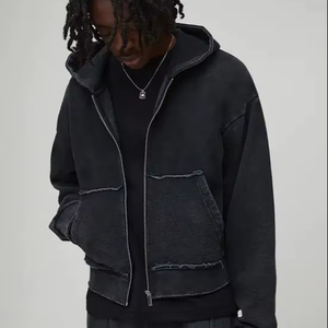 Sudadera con capucha con cremallera, lavada, desgastada, bordada, estampada, teñida lisa, oversize, unisex, estilo streetwear, para hombre, invierno 2025 - Product Image 1